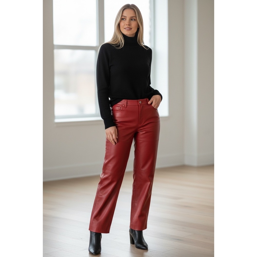 Terry Lewis Classic Luxuries Red Genuine Leather Pants Straight Leg Womens 12